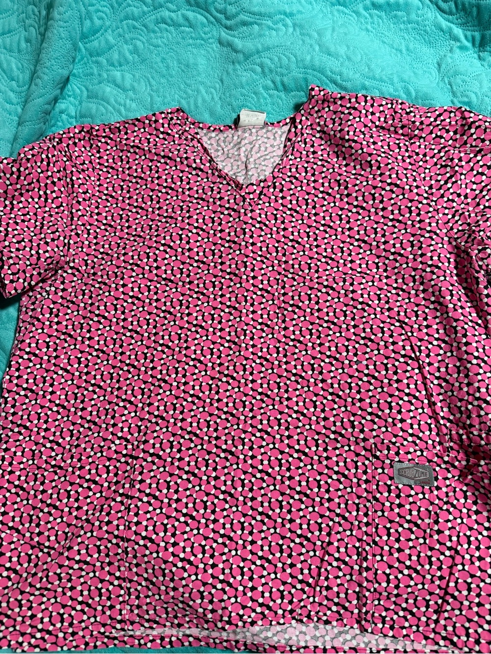 Landau Pink and Black Dot V-Neck Scrub Top